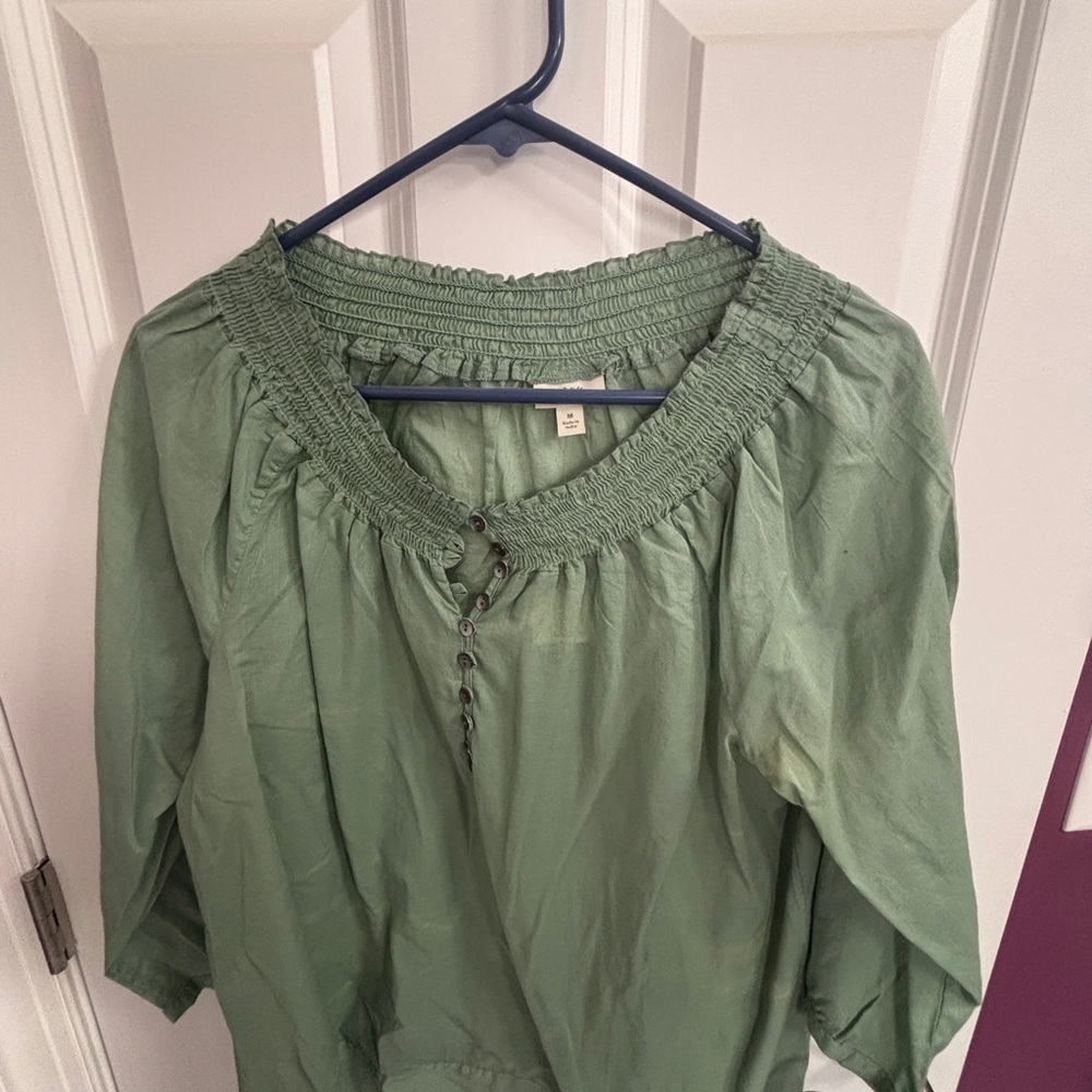 J. Jill Sage Green Smocked-Neck Peasant Blouse